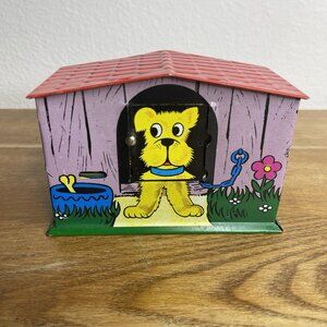 Vintage 1950's Foreign Tin Mechanical Action Doghouse Farm Animal Bank Works